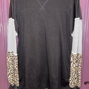 Stylish Black Top with Striped and Leopard Print Sleeves